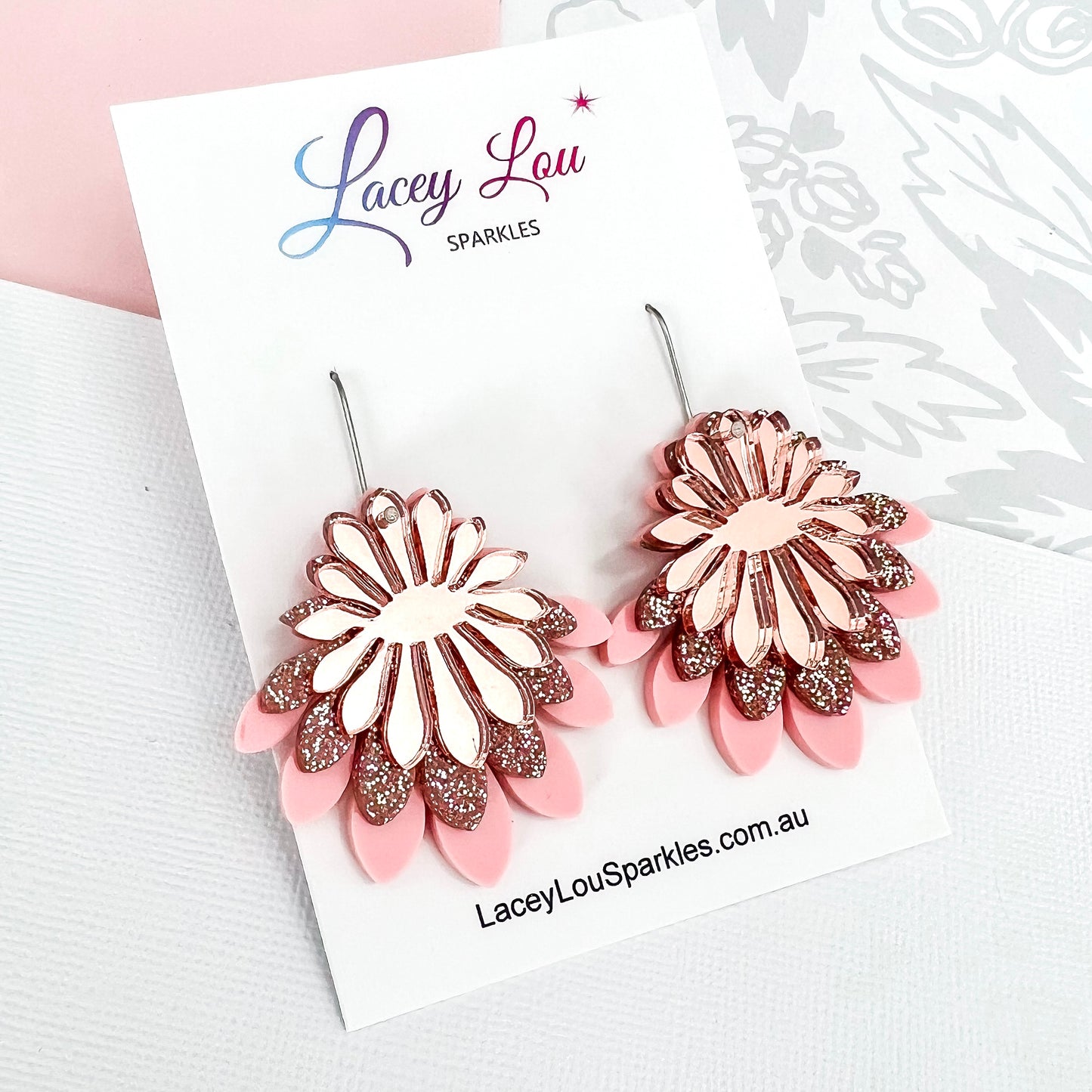 Large Flower Frill Statement Earrings - Rose Gold and Pink Acrylic Dangle