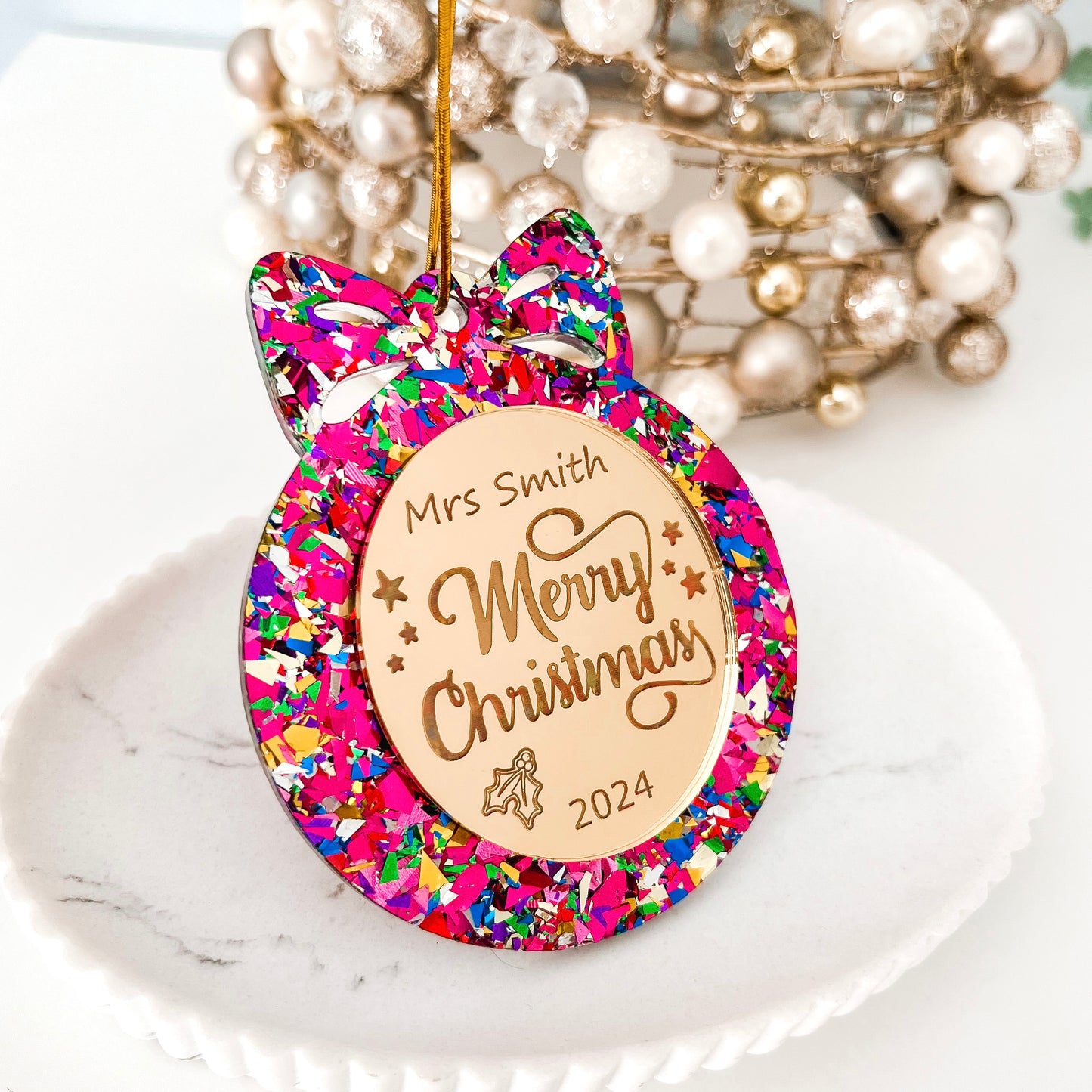 Pink Rainbow Personalised Teacher Christmas Bauble **PRE-ORDER**