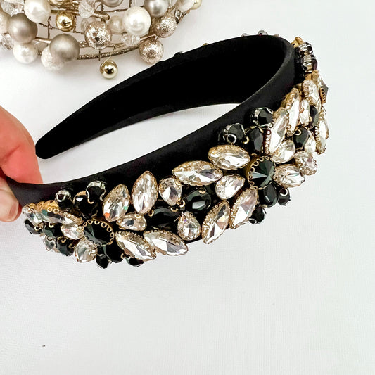 Black and Crystal Flower Jeweled Statement Headband