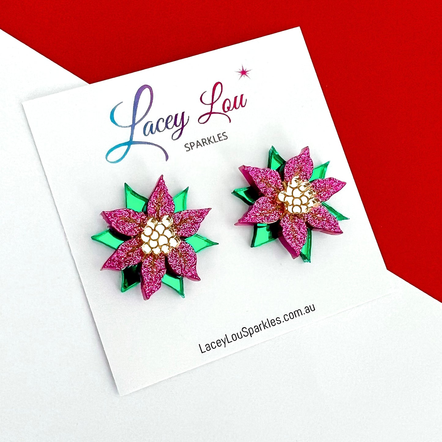 Small Poinsettia Christmas Stud Earrings - Pink/Green