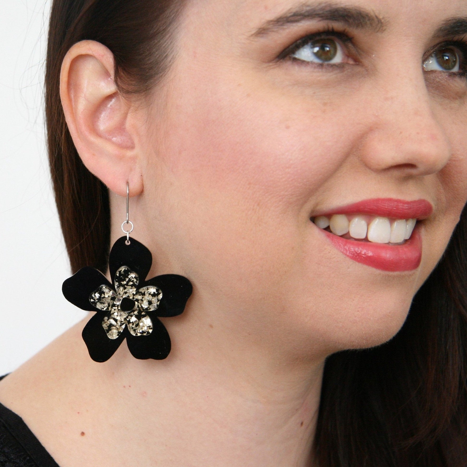 Extra Large Flower Acrylic Dangle Earring - Black and Light Gold.