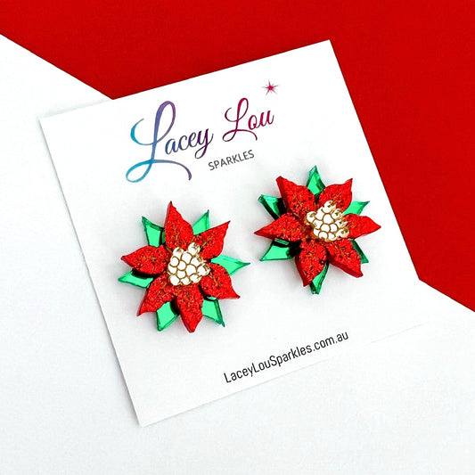 Small Poinsettia Christmas Stud Earrings - Red/Green