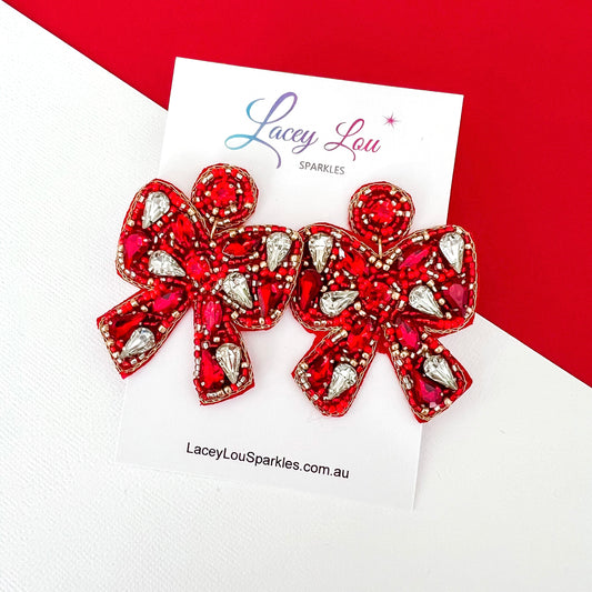 Large Red Beaded Rhinestone Bow Christmas Earrings
