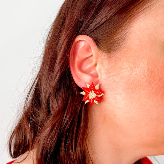 Small Poinsettia Christmas Stud Earrings - Rose/Green