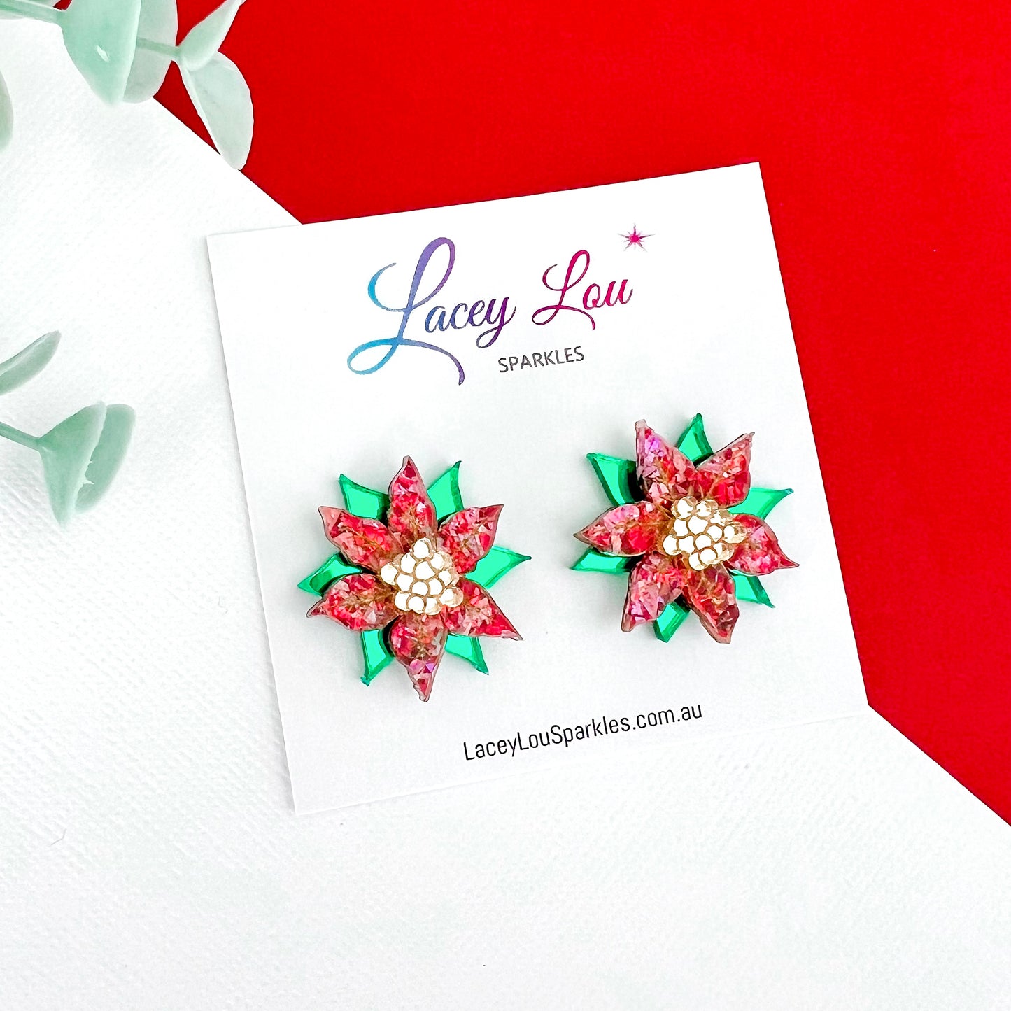 Small Poinsettia Christmas Stud Earrings - Rose/Green