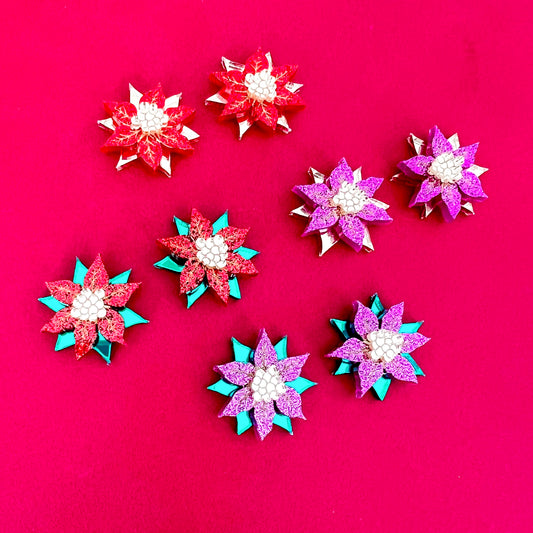 Small Poinsettia Christmas Stud Earrings - Pink/Green