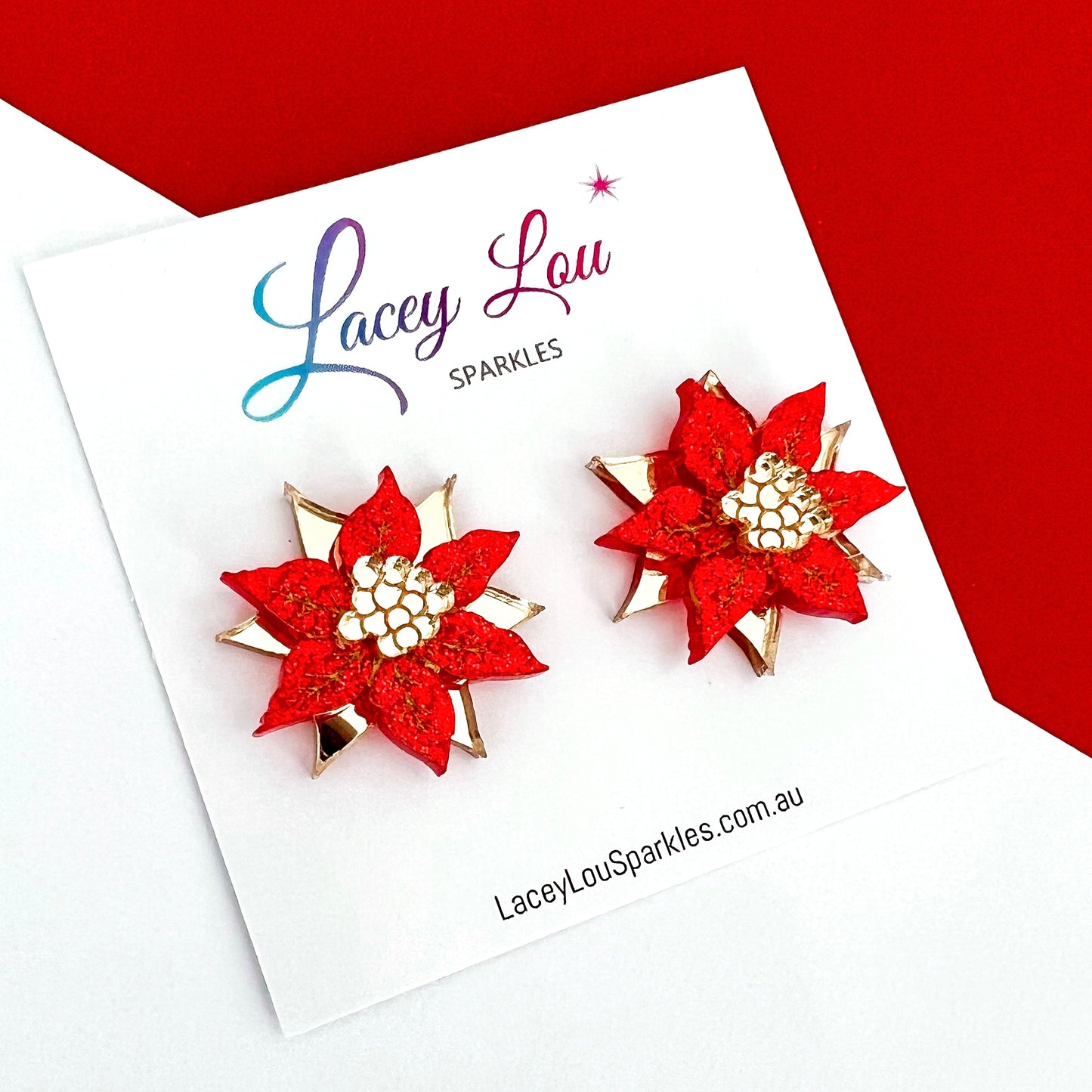 Small Poinsettia Christmas Stud Earrings - Red/Gold