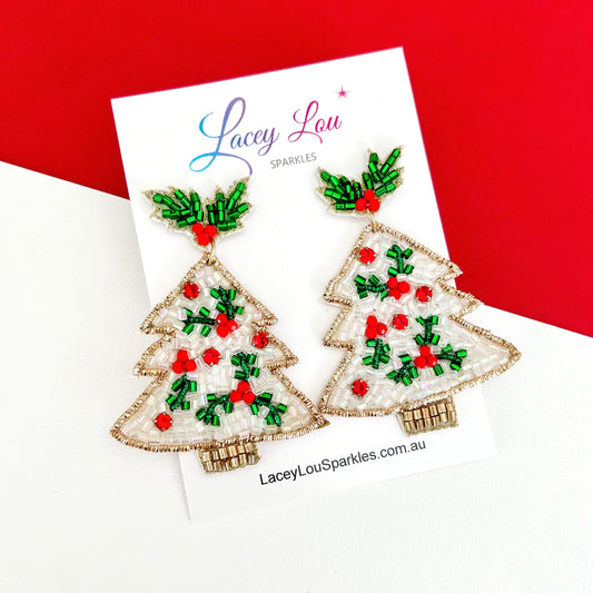 Large Beaded White Tree Christmas Earrings