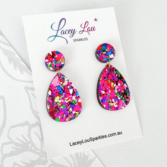 Small Teardrop Dangle - Rainbow Glitter Acrylic Earrings