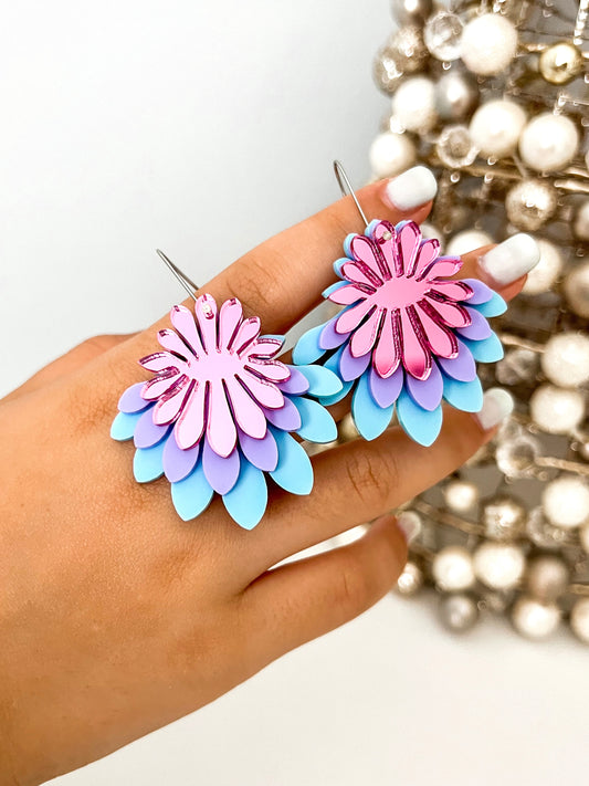 Large Flower Frill Statement Earrings - Pastel Purple and Pink Acrylic Dangle