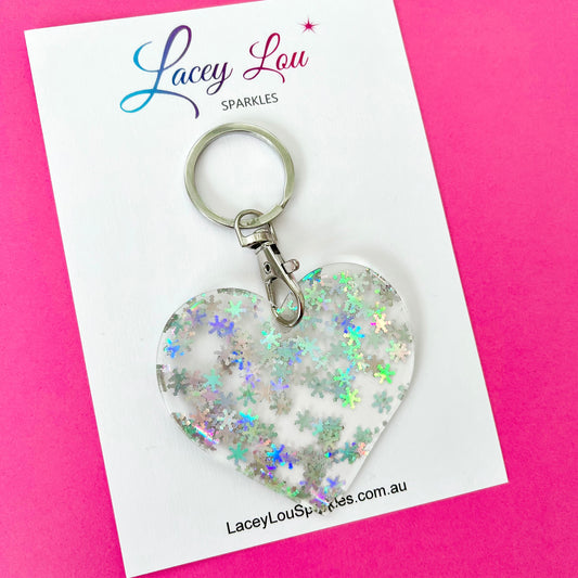 Heart Glitter Acrylic Keyring - Holographic Silver