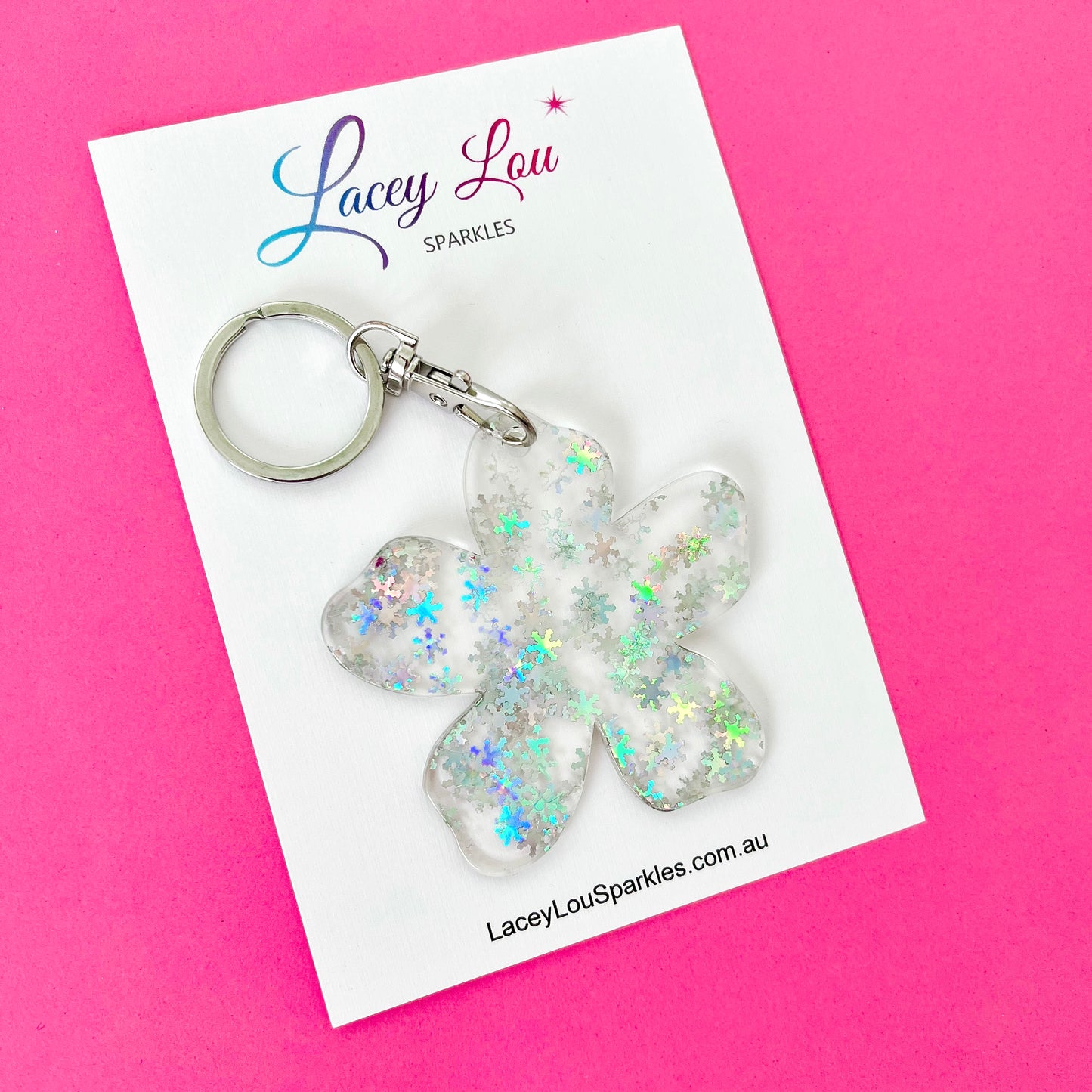 Flower Glitter Acrylic Keyring - Silver