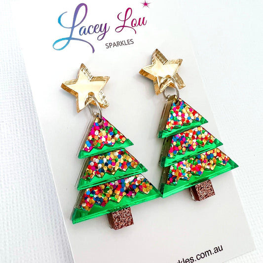 Tiered Confetti Glitter Christmas Tree Dangle Earrings - Lacey Lou Sparkles