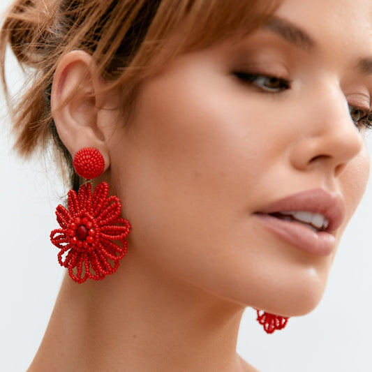 Beaded Red Flower Statement Earrings