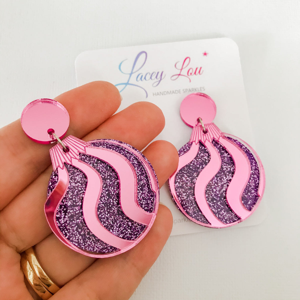 Christmas Bauble Earrings - Pink/Purple Glitter.