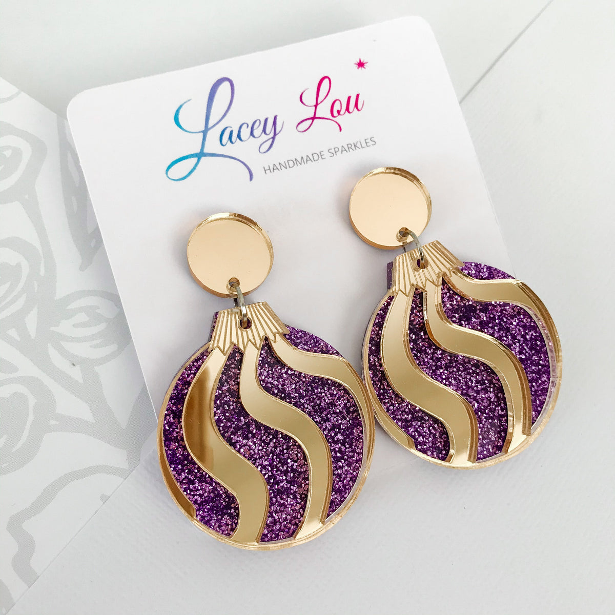 Christmas Bauble Earrings - Purple Glitter and Gold.