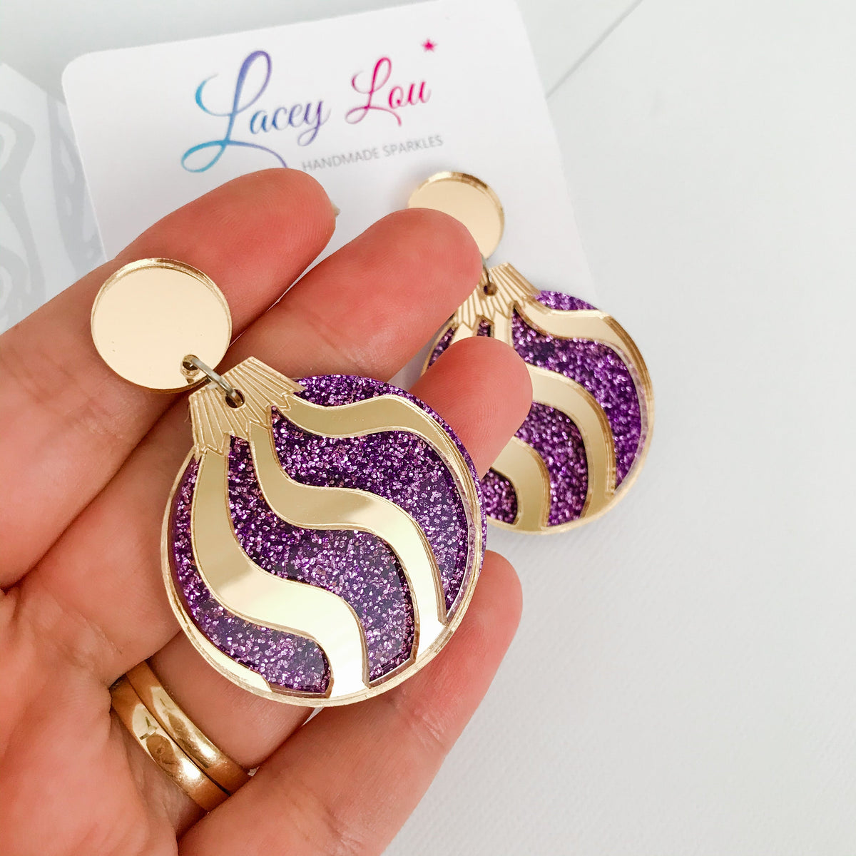 Christmas Bauble Earrings - Purple Glitter and Gold.