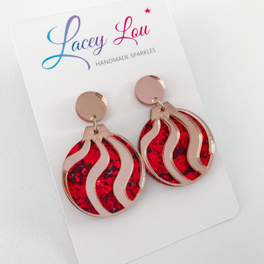 Christmas Bauble Earrings - Red Glitter and Rose Gold.