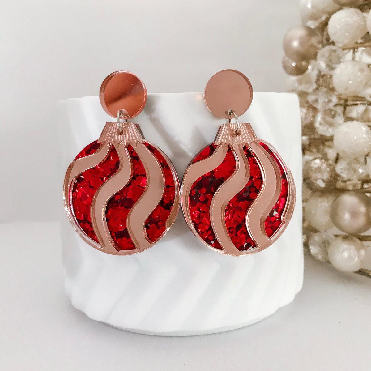 Christmas Bauble Earrings - Red Glitter and Rose Gold.