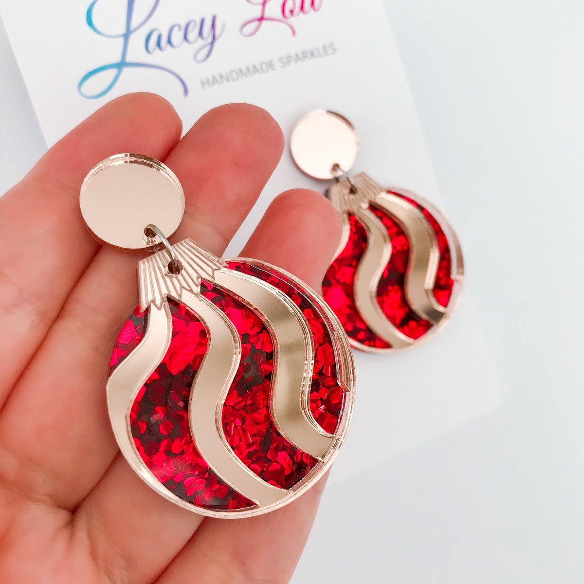 Christmas Bauble Earrings - Red Glitter and Rose Gold.
