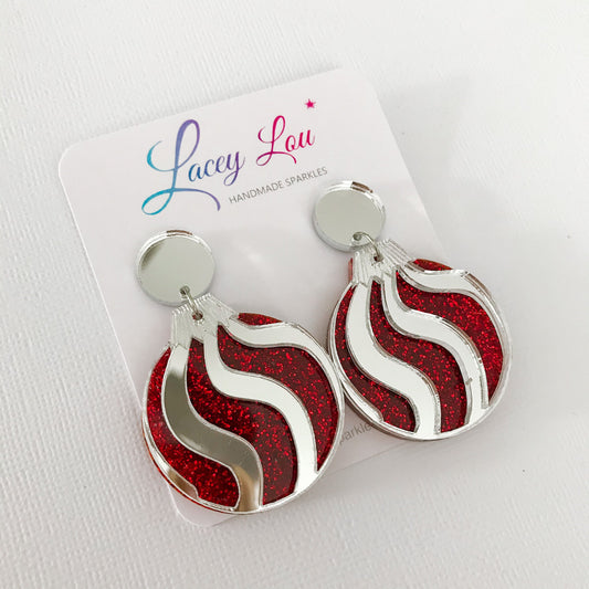 Christmas Bauble Earrings - Red Glitter and Silver.