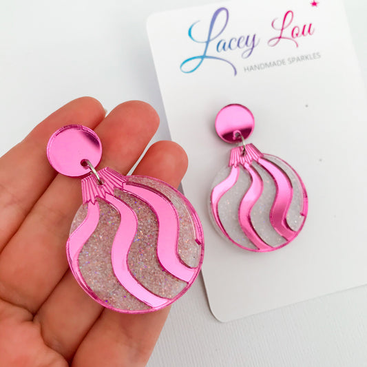 Christmas Bauble Earrings - White Glitter and Pink.