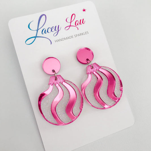 Christmas Bauble Earrings - White Glitter and Pink.