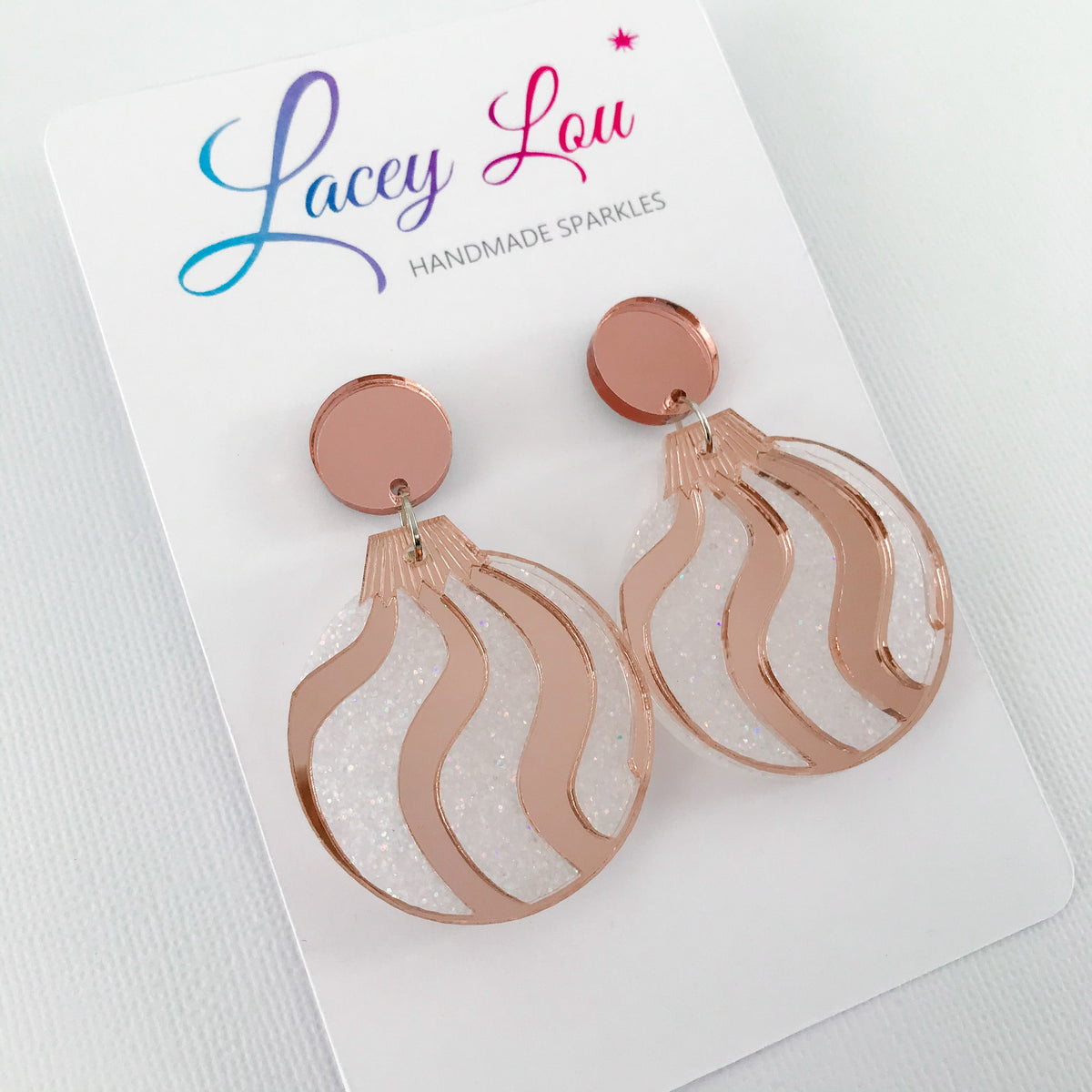Christmas Bauble Earrings - White Glitter and Rose Gold.