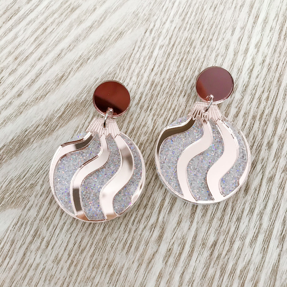 Christmas Bauble Earrings - White Glitter and Rose Gold.