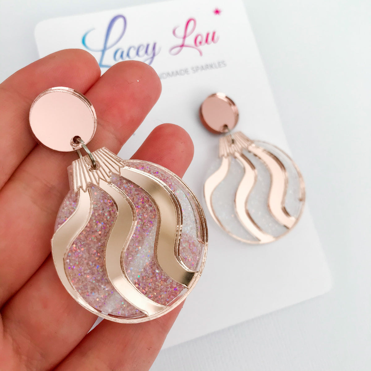 Christmas Bauble Earrings - White Glitter and Rose Gold.