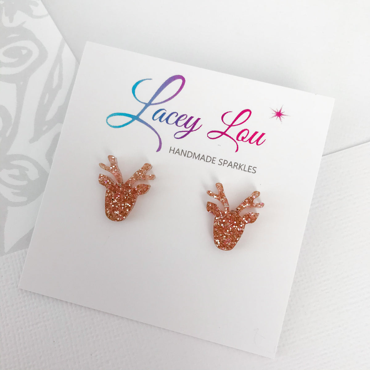 Christmas Reindeer Stud Earrings - Rose Gold Glitter.