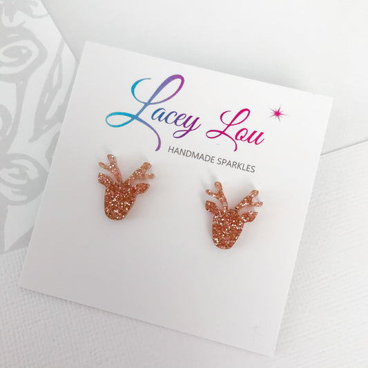 Christmas Reindeer Stud Earrings - Rose Gold Glitter.