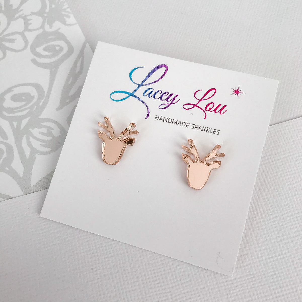 Christmas Reindeer Stud Earrings - Rose Gold Mirror.