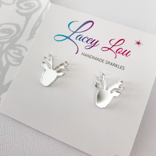 Christmas Reindeer Stud Earrings - Silver Mirror.