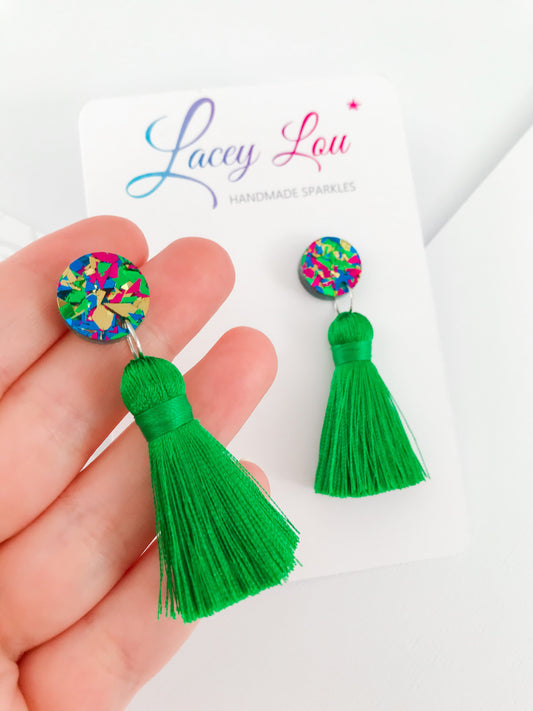 Christmas Tassel Earrings - Large Green.
