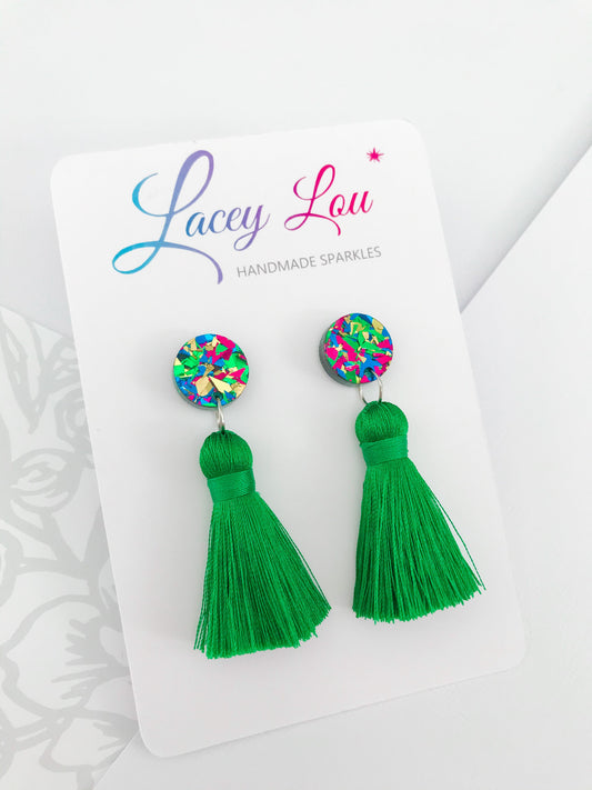 Christmas Tassel Earrings - Large Green.