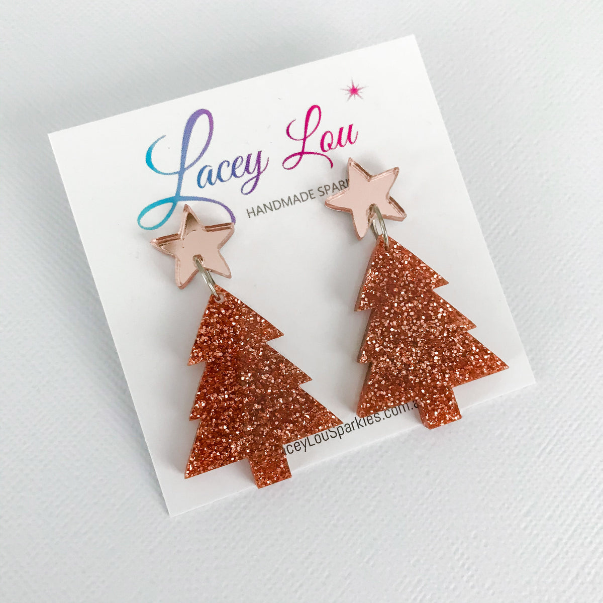 Christmas Tree Dangle Earrings - Dark Rose Gold Glitter.