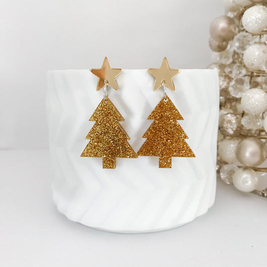 Christmas Tree Dangle Earrings - Gold Glitter.