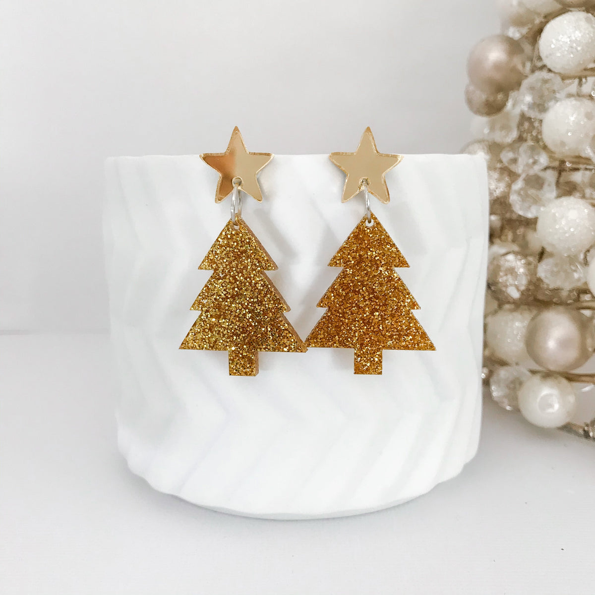 Christmas Tree Dangle Earrings - Gold Glitter.