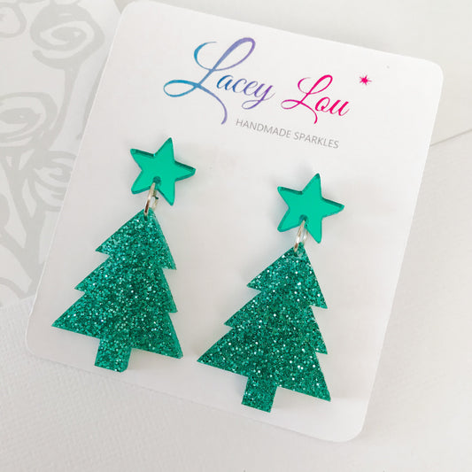 Christmas Tree Dangle Earrings - Green Glitter.