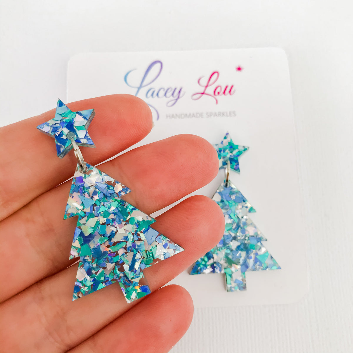 Christmas Tree Dangle Earrings - Ice Blue Glitter.