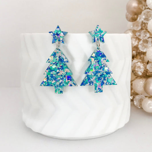 Christmas Tree Dangle Earrings - Ice Blue Glitter.
