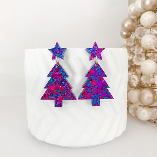 Christmas Tree Dangle Earrings - Midnight Blue Glitter.