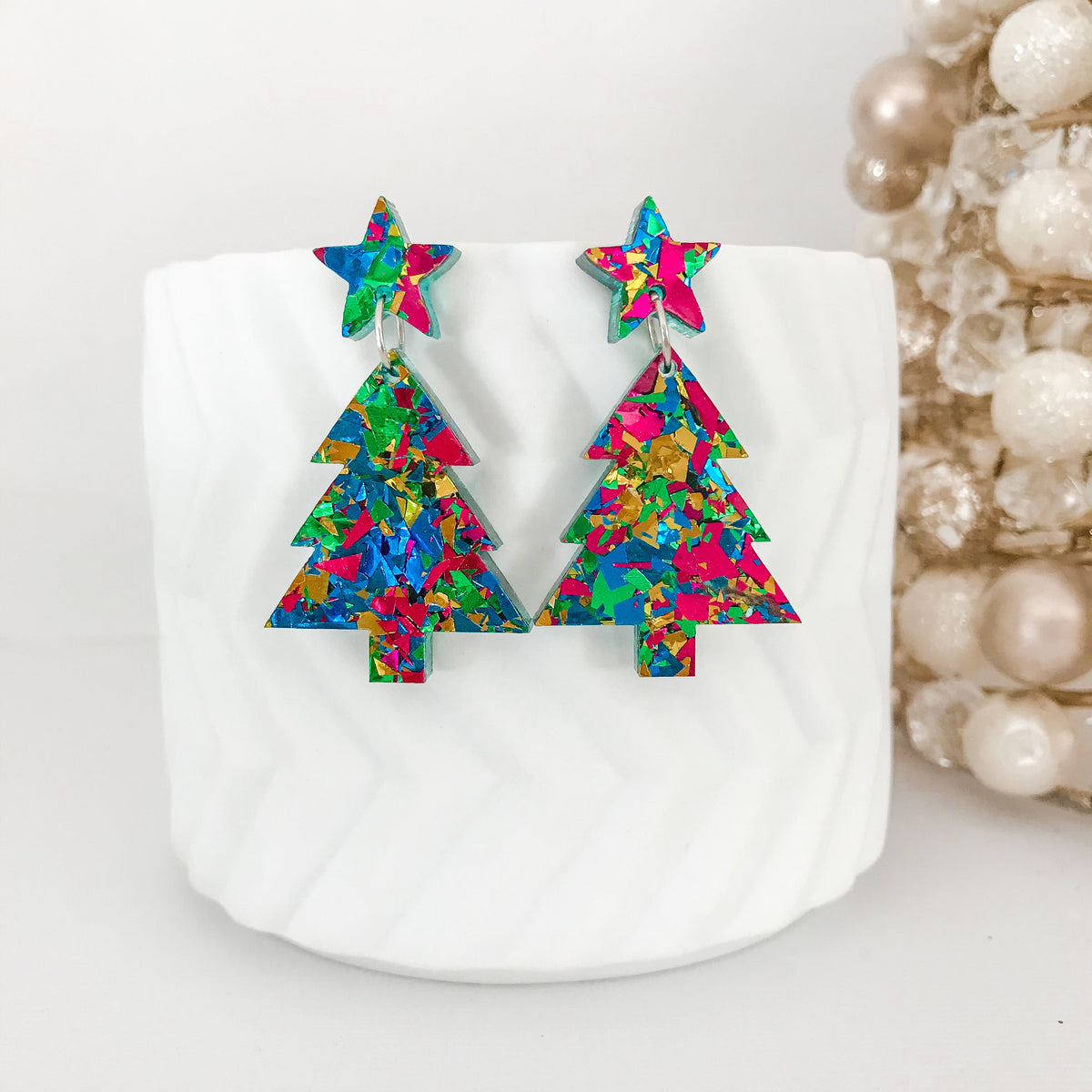 Christmas Tree Dangle Earrings - Party Green Glitter.