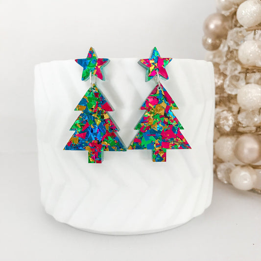 Christmas Tree Dangle Earrings - Party Green Glitter.