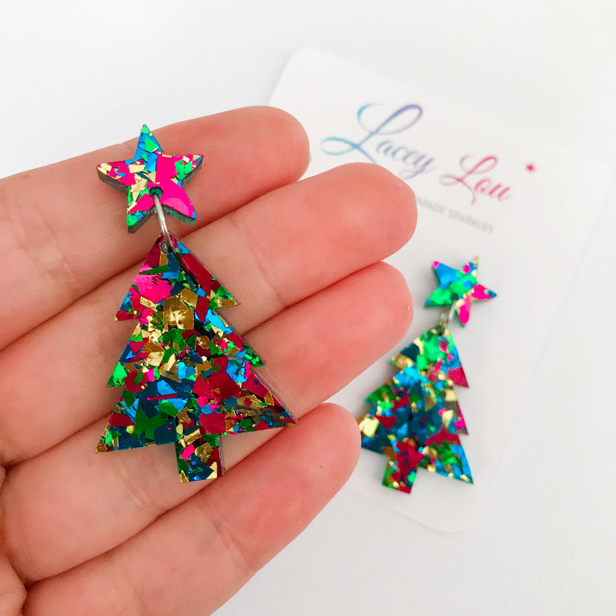 Christmas Tree Dangle Earrings - Party Green Glitter.
