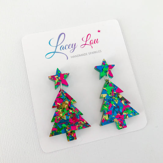 Christmas Tree Dangle Earrings - Party Green Glitter.
