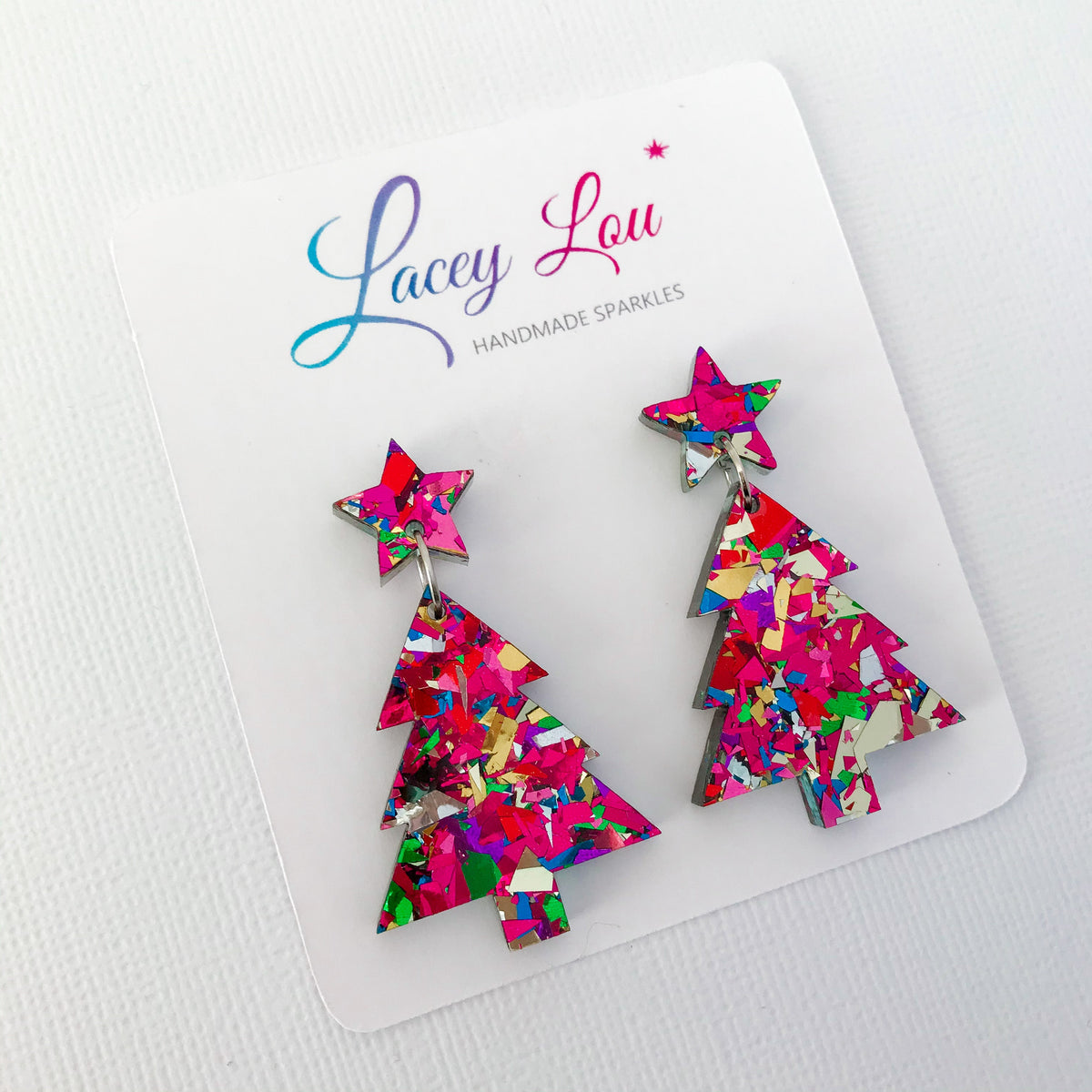 Christmas Tree Dangle Earrings - Rainbow Glitter.