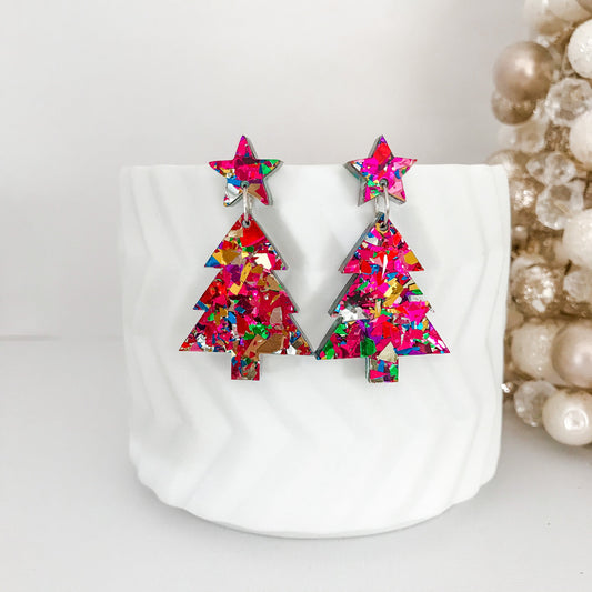 Christmas Tree Dangle Earrings - Rainbow Glitter.