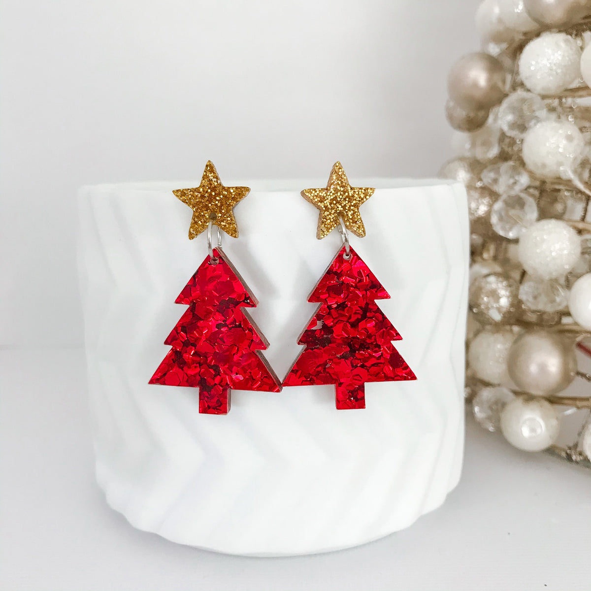 Christmas Tree Dangle Earrings - Red Glitter.